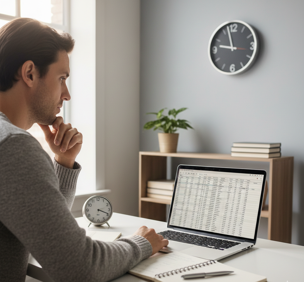Person struggling with work at a desk and wanting to stop procrastinating.”