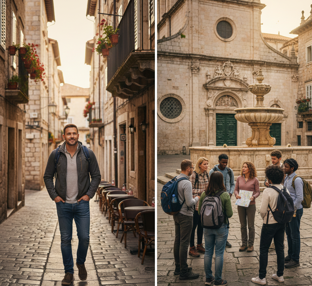 Comparison of solo travel and a guided group tour in a historic city.”