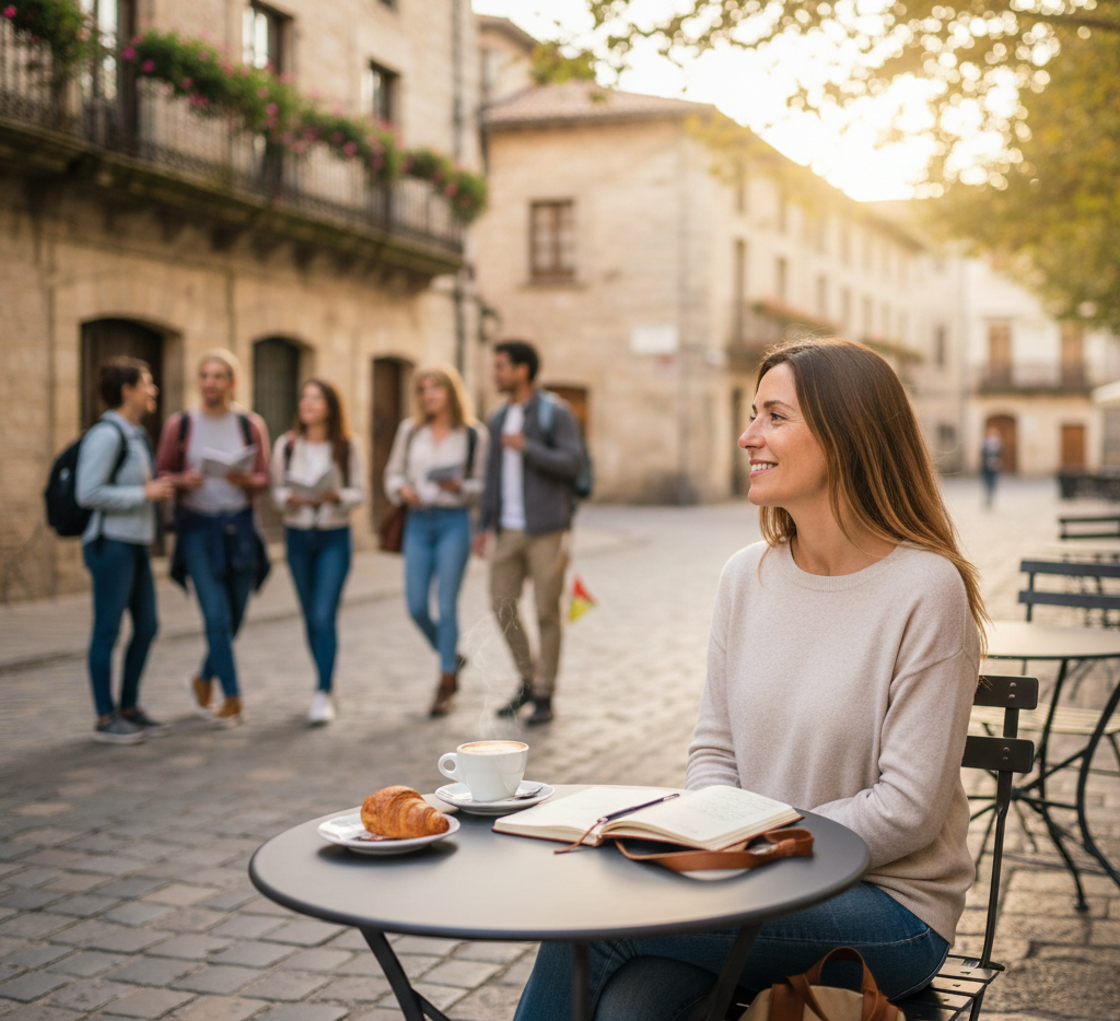 Solo traveller at a café watching a tour group walk by, reflecting on different travel styles and enjoying solo travel.”