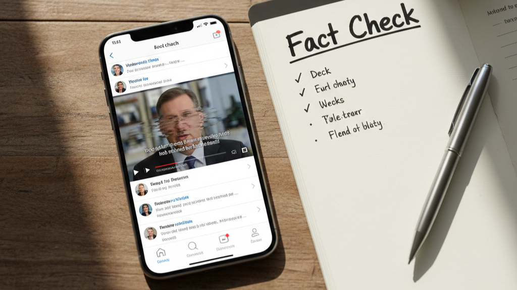 Smartphone with a suspicious video and a fact-checking notebook showing how to respond to deepfakes.
