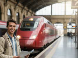 Young traveler with backpack and map at a European train station planning a budget Europe trip.