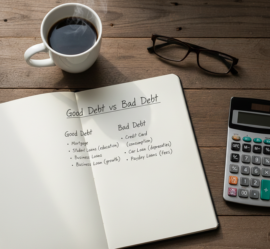Notebook showing handwritten notes on good debt vs bad debt with a calculator