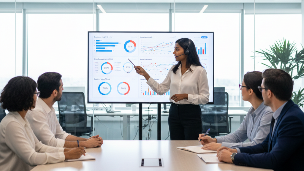 Data analyst explaining dashboard insights to a team in a modern office meeting.