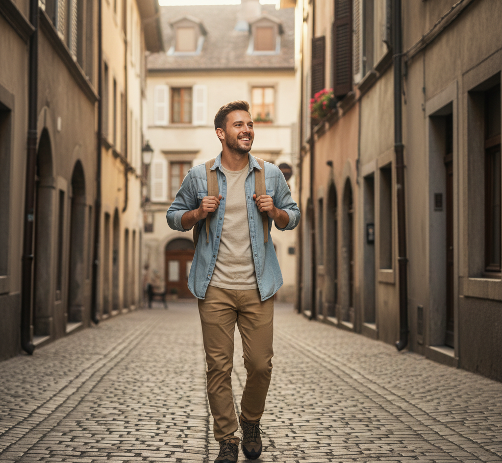 Backpacker in their 20s exploring a European city on a tight budget