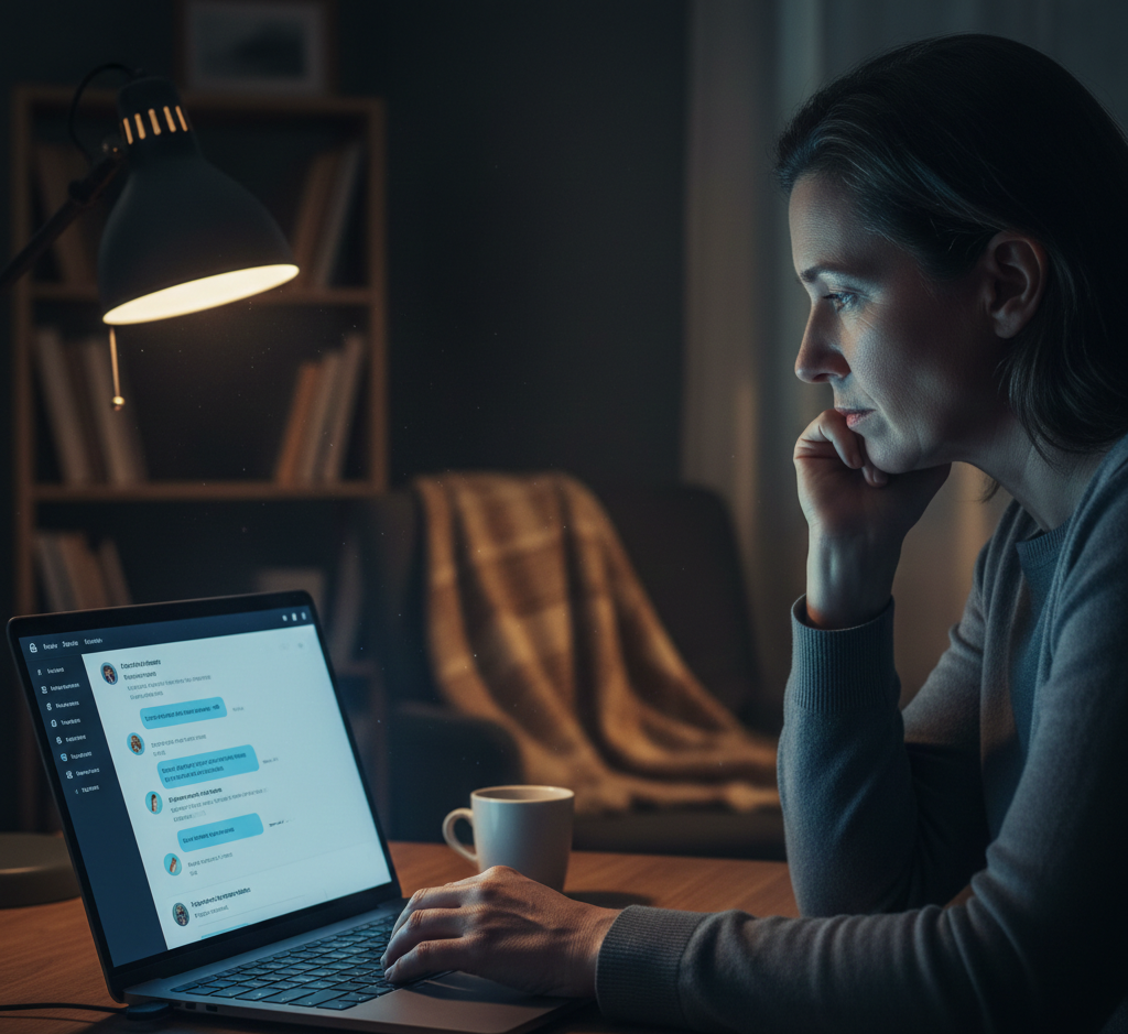 Person thinking about AI and privacy while looking at an AI chat on a laptop.”