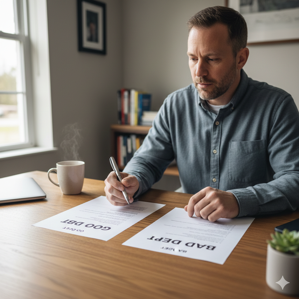 Person comparing good debt vs bad debt documents before deciding whether to borrow.”