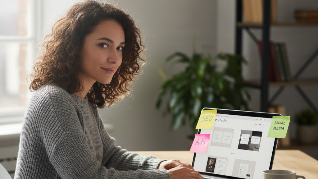 Beginner creating a digital marketing portfolio on a laptop with different skills mapped out.”