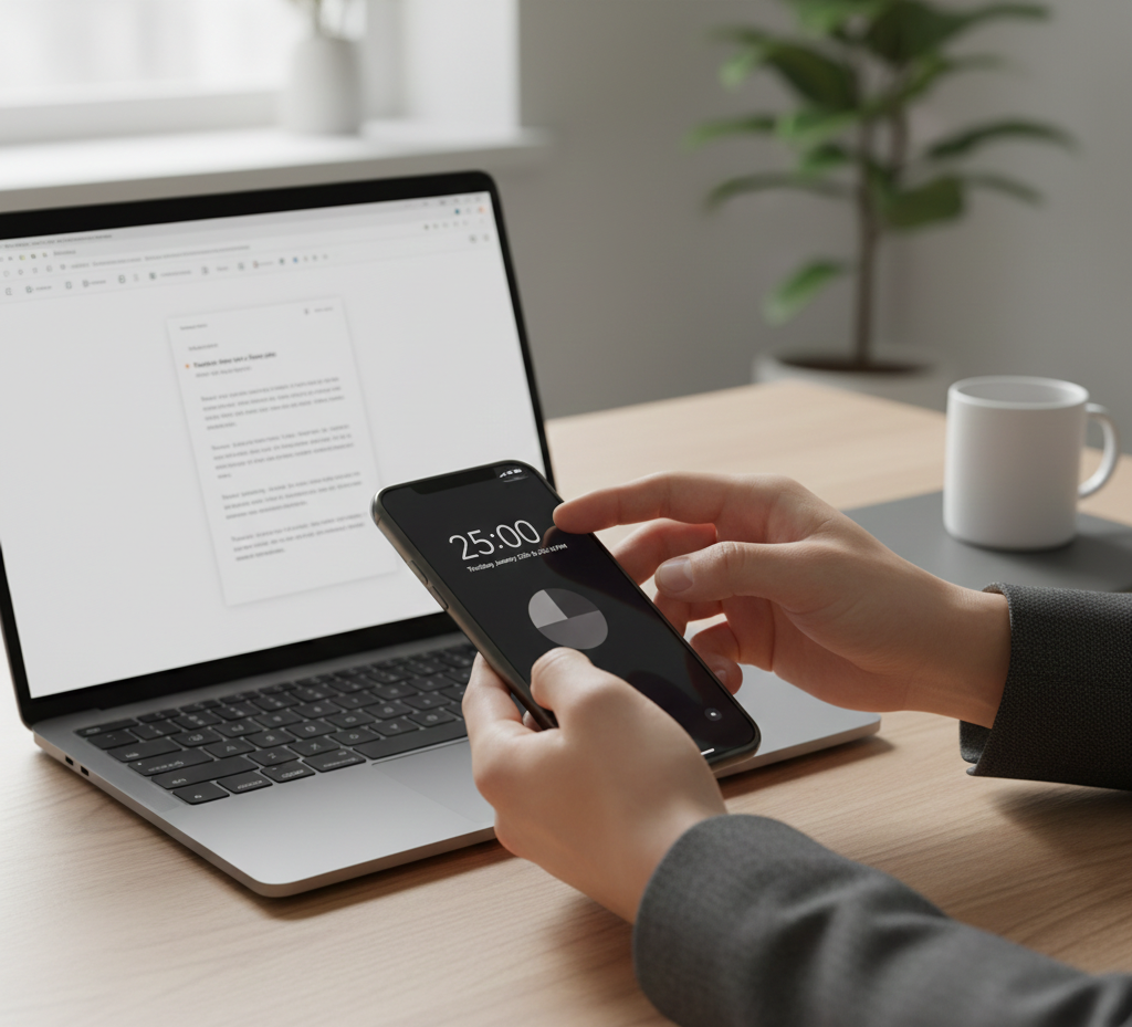 Person using a short timer to stop procrastinating and start a focused work session.”