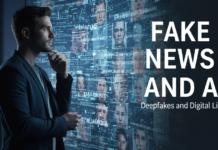 The Dark Side of AI: Deepfakes, Misinformation, and What You Can Do Person standing in front of a digital wall of real and fake media, representing the dark side of AI and deepfake misinformation.”