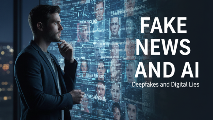 Person standing in front of a digital wall of real and fake media, representing the dark side of AI and deepfake misinformation.”