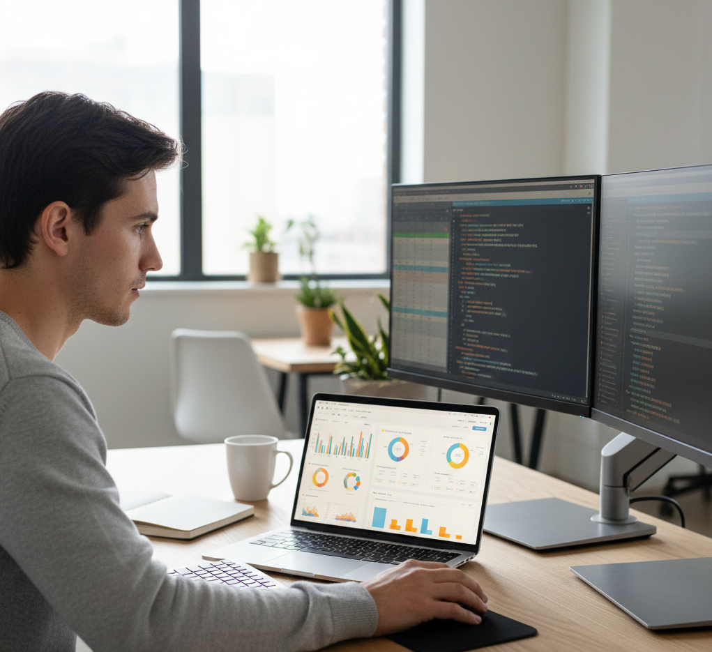Young professional working on a laptop with dashboards and SQL as part of their data analyst career.
