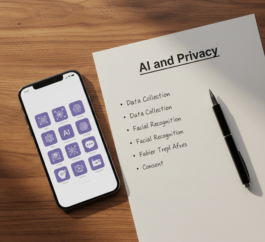 Smartphone with AI apps next to a page of notes about AI and privacy.