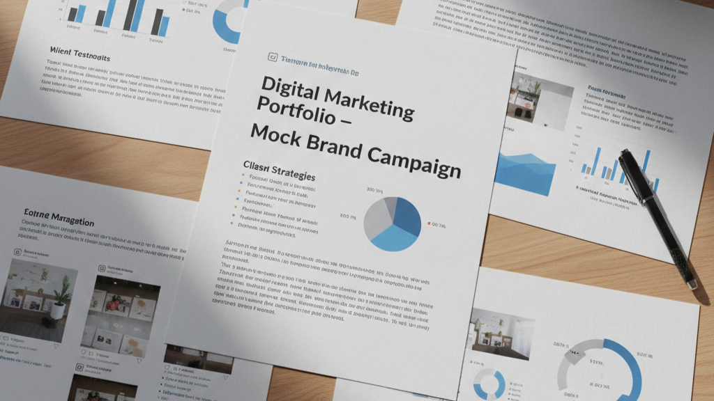 Printed mock brand case studies prepared for a digital marketing portfolio.”