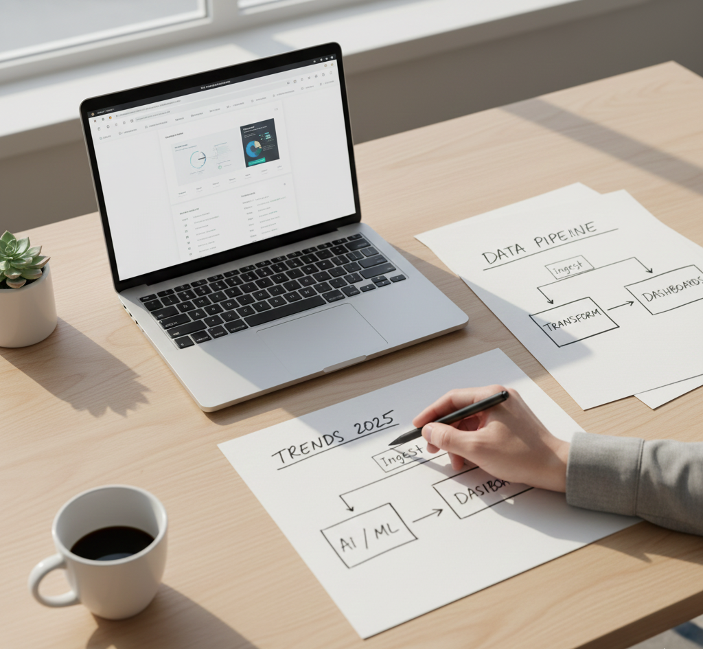 Desk with laptop and diagrams illustrating modern data tools and AI trends affecting data analysts.