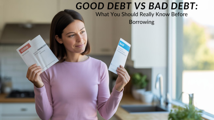 “Adult choosing between good debt vs bad debt offers before deciding whether to borrow.”