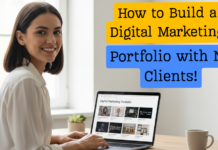 How to Build a Digital Marketing Portfolio with No Clients “Beginner digital marketer reviewing a digital marketing portfolio with multiple projects on a laptop screen.”