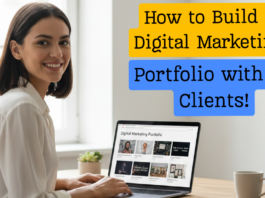 “Beginner digital marketer reviewing a digital marketing portfolio with multiple projects on a laptop screen.”