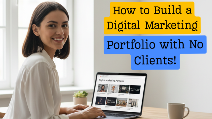 “Beginner digital marketer reviewing a digital marketing portfolio with multiple projects on a laptop screen.”