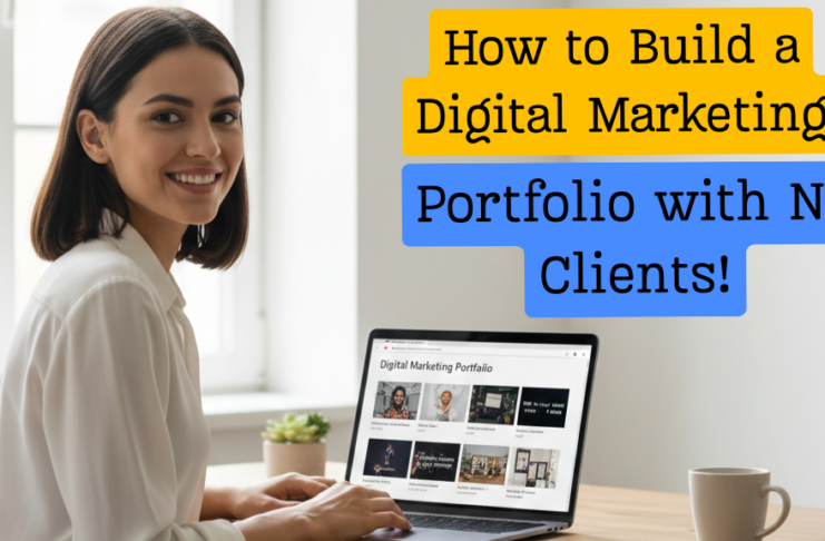 “Beginner digital marketer reviewing a digital marketing portfolio with multiple projects on a laptop screen.”