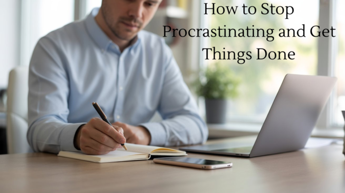 “Focused person at a desk crossing off a task after deciding to stop procrastinating and get things done.”