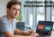 Leetcode or Kaggle: What Really Matters for Machine Learning Jobs Young professional choosing between Leetcode or Kaggle on a laptop while preparing for machine learning job interviews.