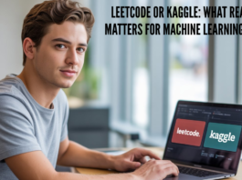 Leetcode or Kaggle: What Really Matters for Machine Learning Jobs Young professional choosing between Leetcode or Kaggle on a laptop while preparing for machine learning job interviews.