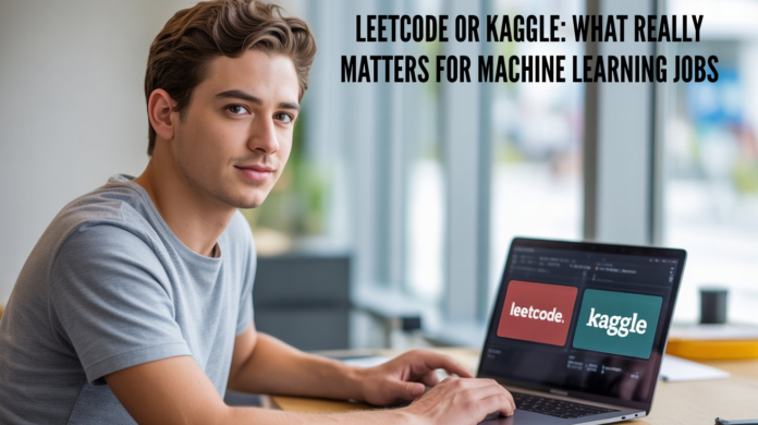 Young professional choosing between Leetcode or Kaggle on a laptop while preparing for machine learning job interviews.