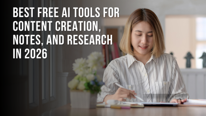 Content creator at a laptop surrounded by free AI tools for writing, notes, and research in 2025.
