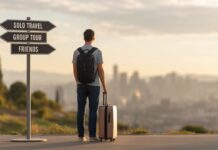 How to Choose Between Solo Travel, Group Tours, and Trips with Friends “Traveller standing at a crossroads choosing between solo travel, group tours, and trips with friends.”