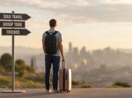 “Traveller standing at a crossroads choosing between solo travel, group tours, and trips with friends.”