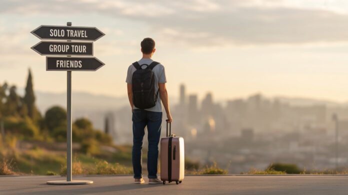 “Traveller standing at a crossroads choosing between solo travel, group tours, and trips with friends.”