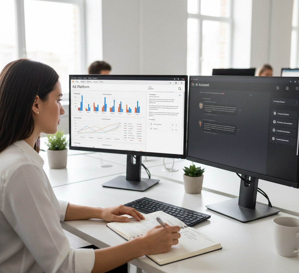 Performance marketer using AI in performance marketing with dashboards and an AI assistant on dual screens.