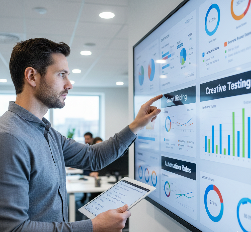 Marketer reviewing results from AI-driven bidding and creative testing in performance marketing.”