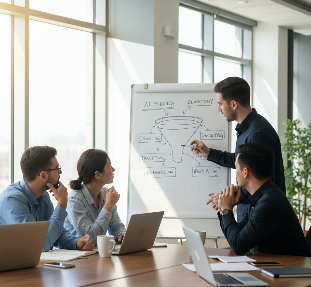 Team planning a funnel that integrates AI in performance marketing for bidding, creative, and reporting.”