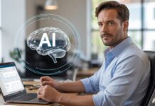 AI in Performance Marketing: Automations, Scripts, and Workflows That Save Hours Performance marketer working on campaigns with an AI brain icon above the laptop, representing AI in performance marketing automations and workflows.