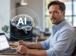 AI in Performance Marketing: Automations, Scripts, and Workflows That Save Hours Performance marketer working on campaigns with an AI brain icon above the laptop, representing AI in performance marketing automations and workflows.