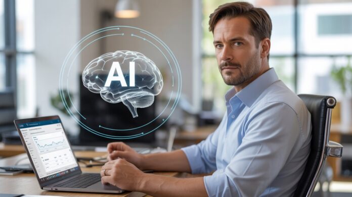 photo-realistic-16-9-hero-image-of-a-con_MJy6NBZVTTqxIwEEMkmsJQ_9w_cUfwQRBydJ9Me5-ekew Performance marketer working on campaigns with an AI brain icon above the laptop, representing AI in performance marketing automations and workflows.