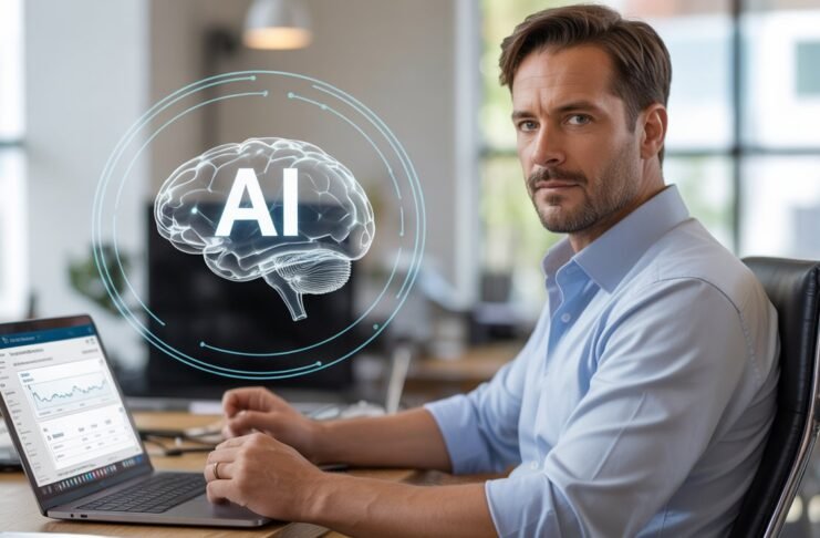 Performance marketer working on campaigns with an AI brain icon above the laptop, representing AI in performance marketing automations and workflows.