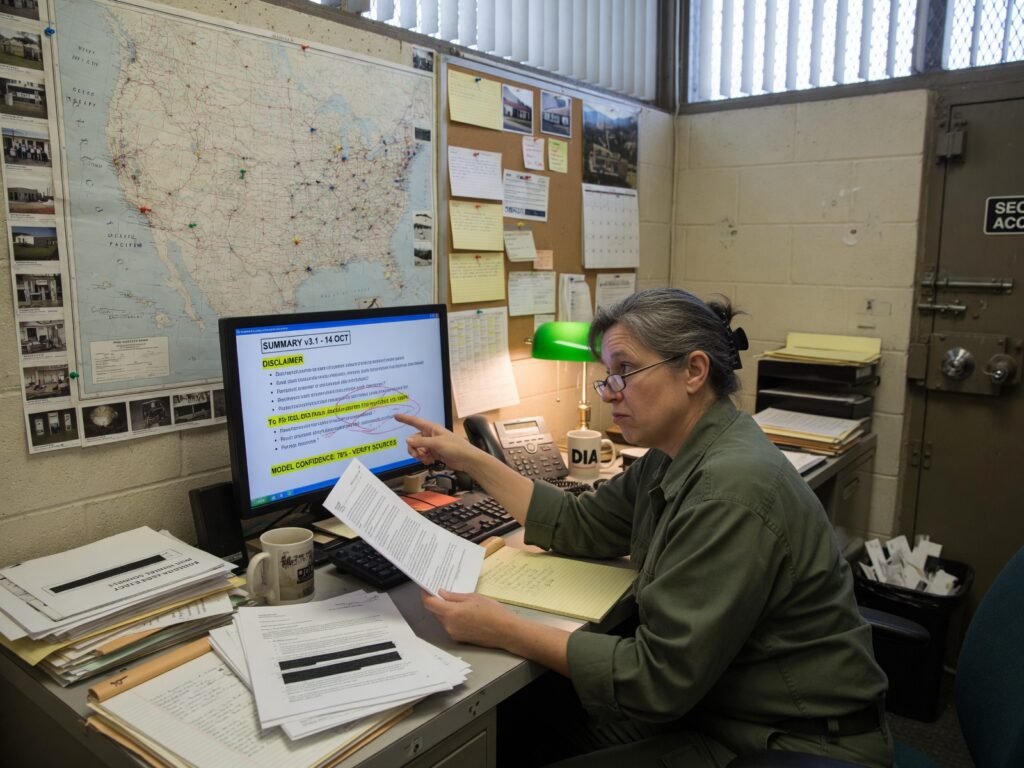 Military AI supporting intelligence analysis with a human analyst checking source documents