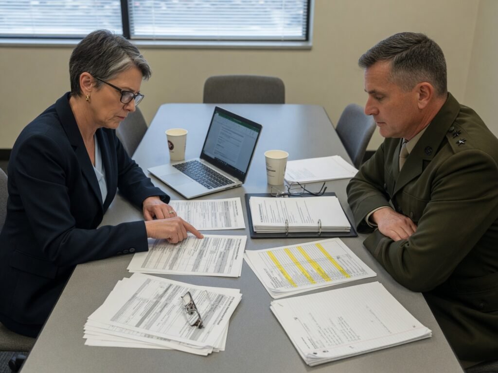 Military AI oversight review with officials checking system testing and accountability requirements