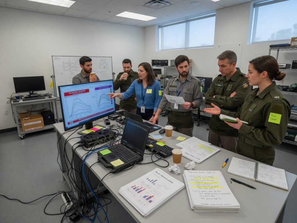 Military AI researchers and service personnel reviewing a secure prototype system