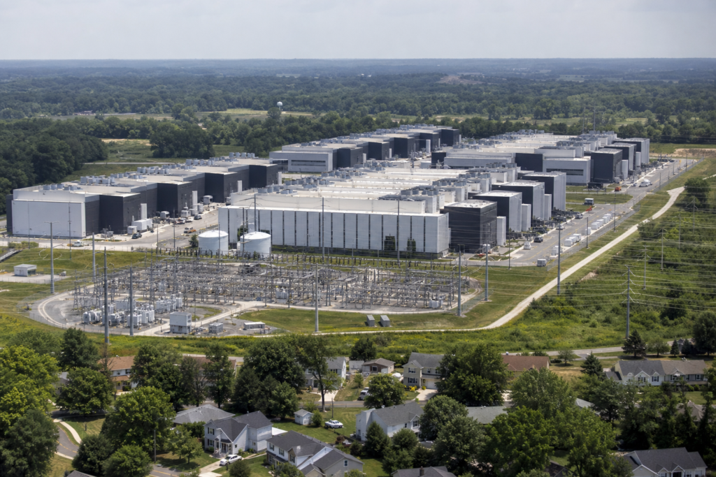AI data centers beside a city power substation and neighborhood homes