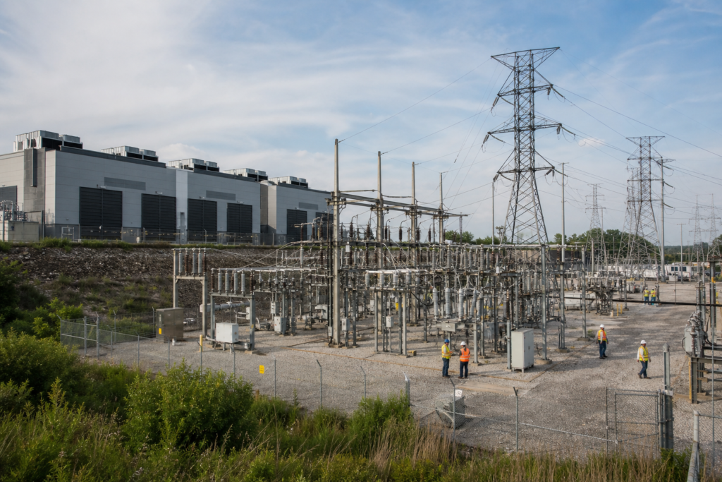 AI power shortage represented by a data center near a crowded electrical substation