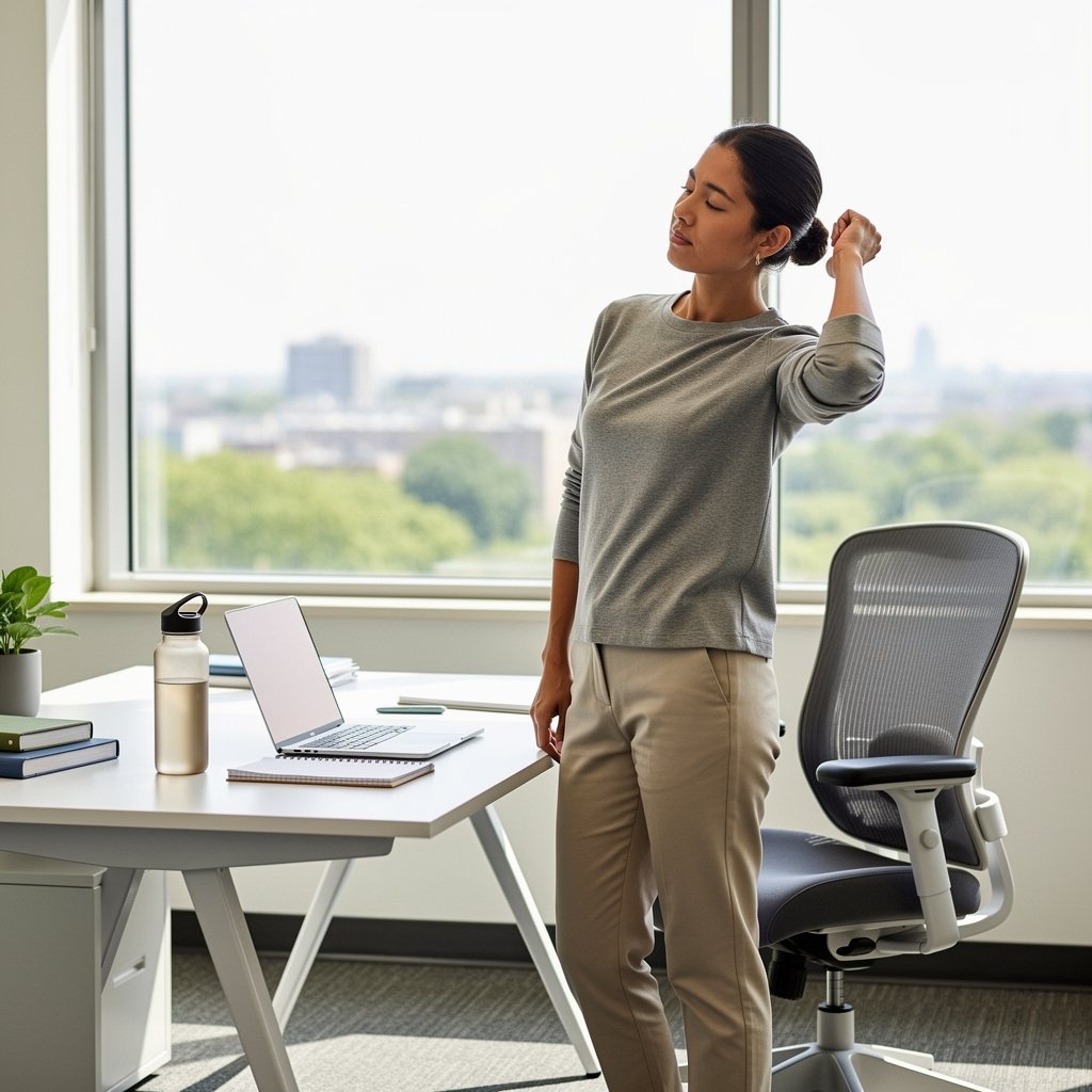 Short movement break helping improve daily energy during desk work.