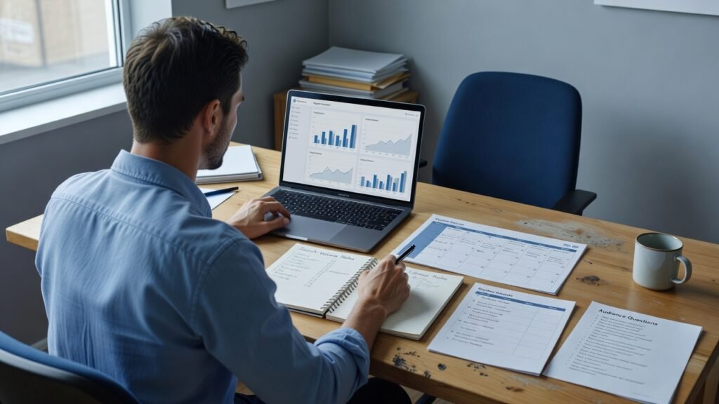 Marketer comparing search volume and keyword difficulty during keyword research for blogs.