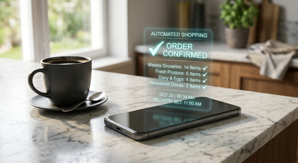 Smartphone on a kitchen table displaying completed purchase order executed by AI shopping assistants.