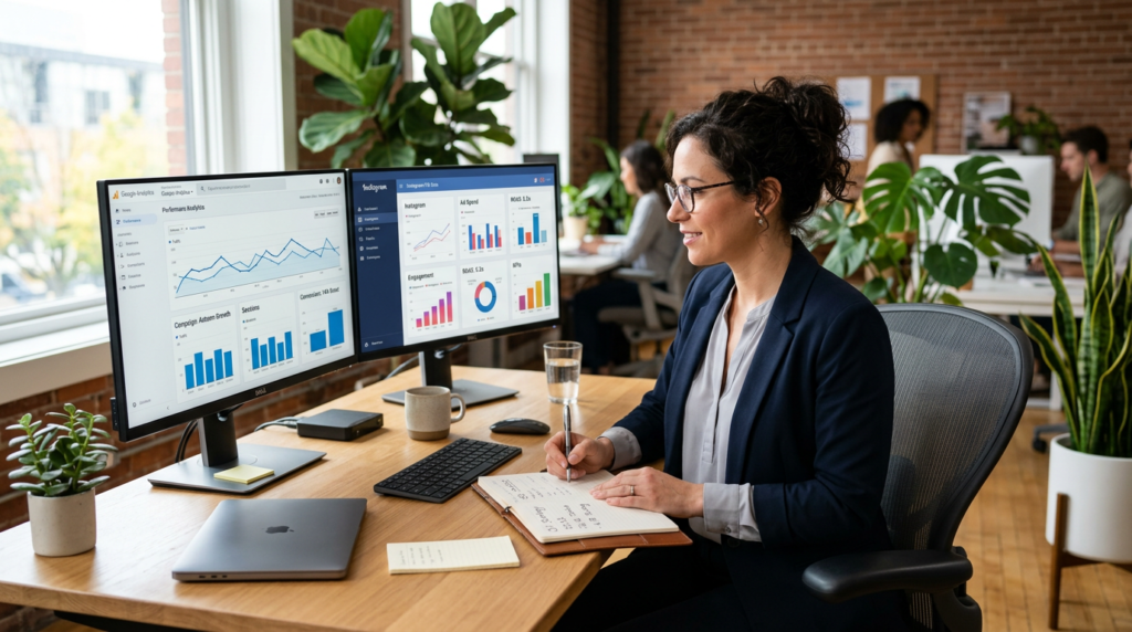 Digital marketer reviewing performance metrics and steering AI ad campaigns on dual office monitors.