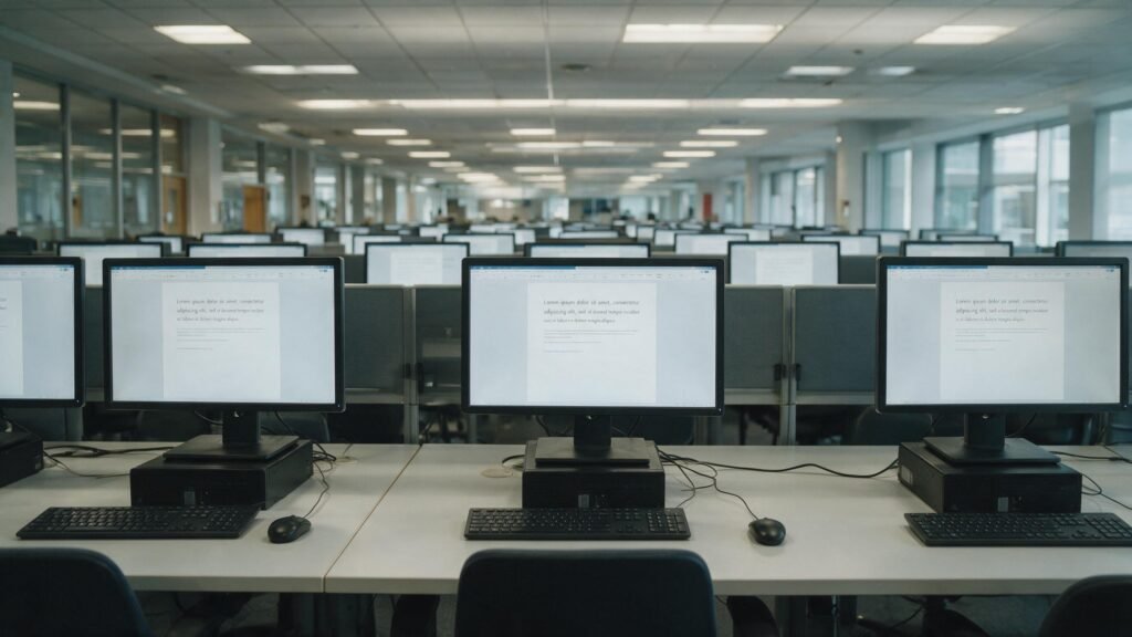Rows of identical monitors symbolizing the flood of AI generated content across the internet in 2026.