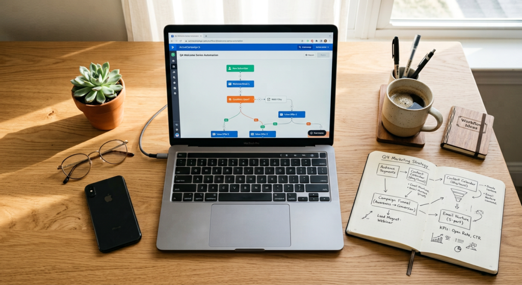 Modern laptop workspace displaying automation workflows for dynamic email marketing.