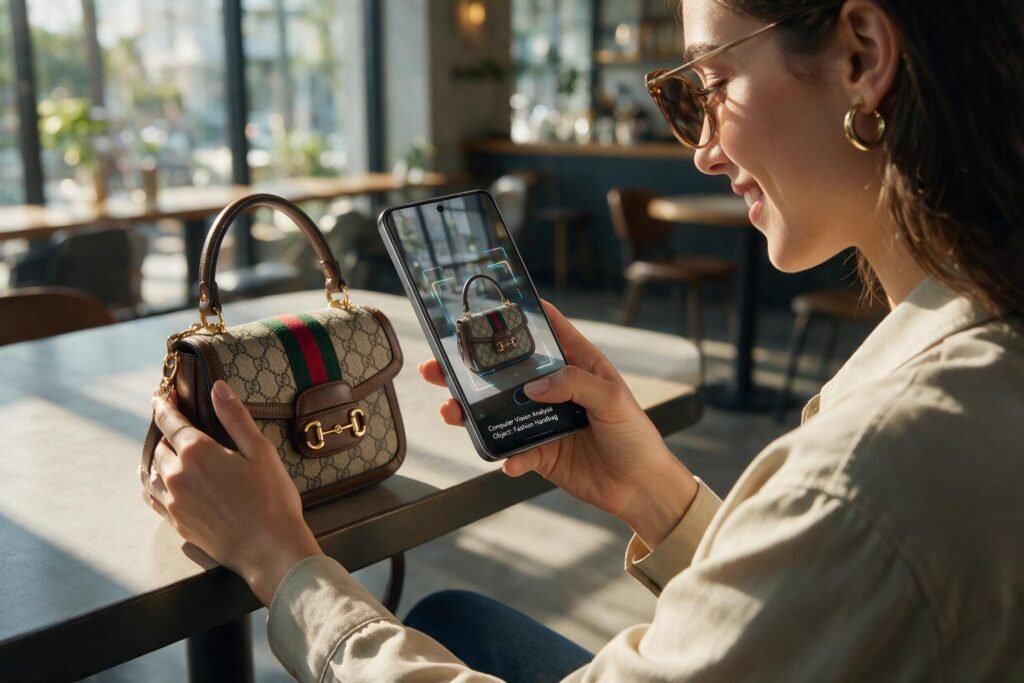 Smartphone camera scanning a designer handbag representing visual AI search in modern retail.